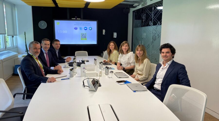 Desde el plano más cercano, a la izq. el equipo de Peninsula: Francisco Alonso, Nacho de Miguel y Pablo Roca. A la dcha. equipo de Enagás: Alberto Crisóstomo, Henar Alonso, Begoña García y Mary Paz Adán